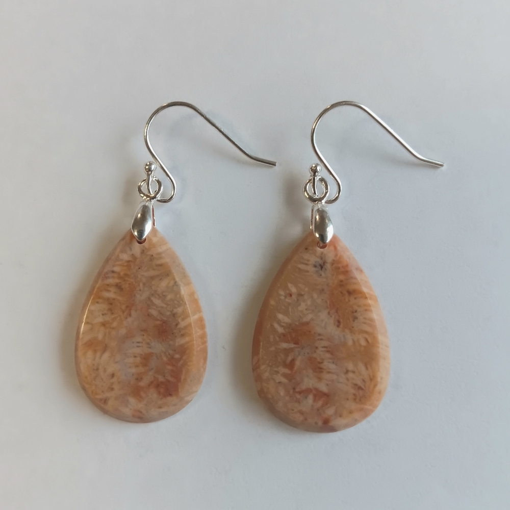 Indonesian Fossil Coral Gemstone Earrings with 925 Sterling Silver Findings